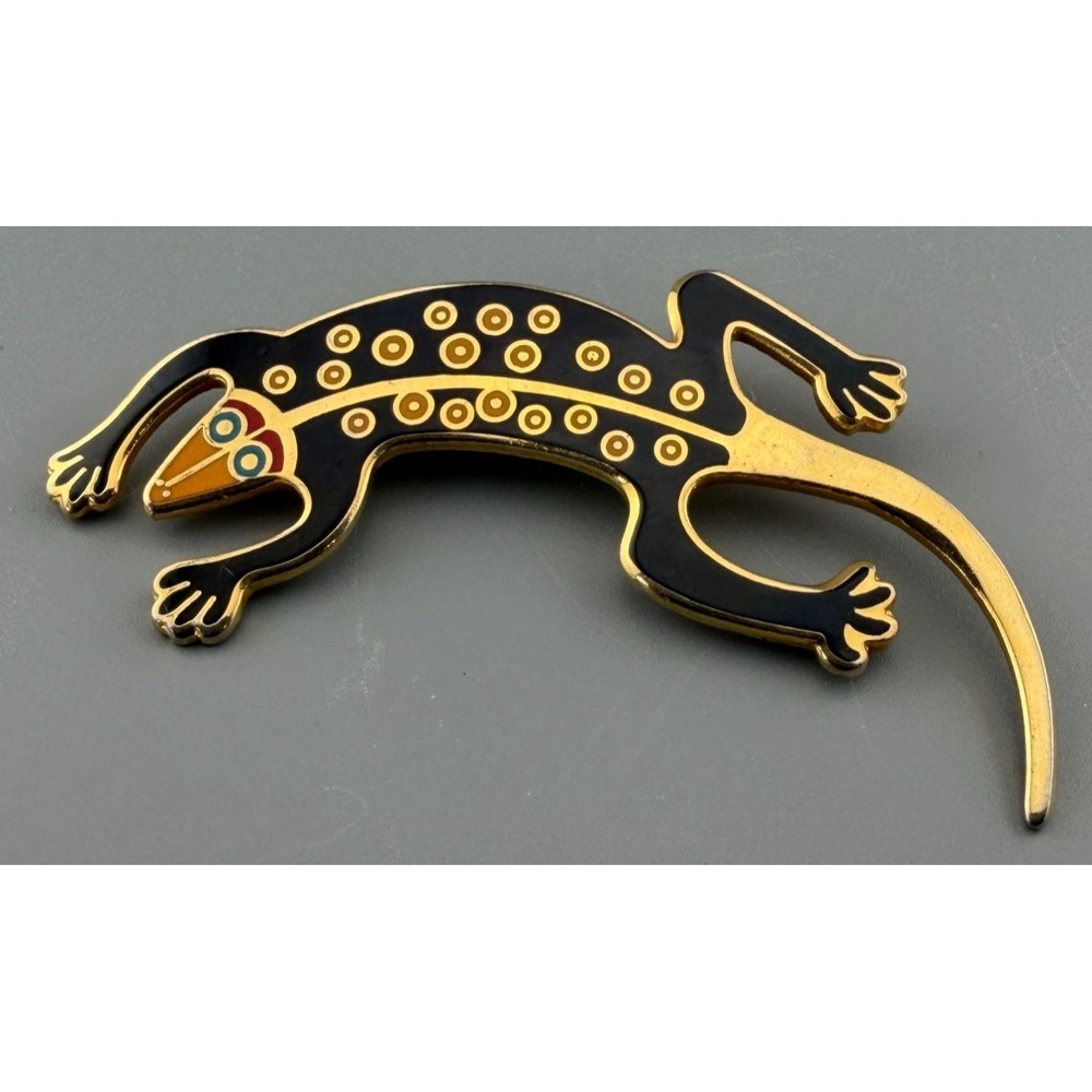 Vintage Laurel Burch Lizard Brooch Gold Tone Enamel Signed Gecko Pin 2.5"